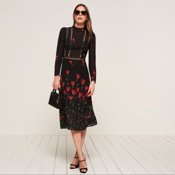 Reformation Dresses & Skirts - BLACK NATALIA MIDI DRESS TULIPS LACE SHEER VISCOSE